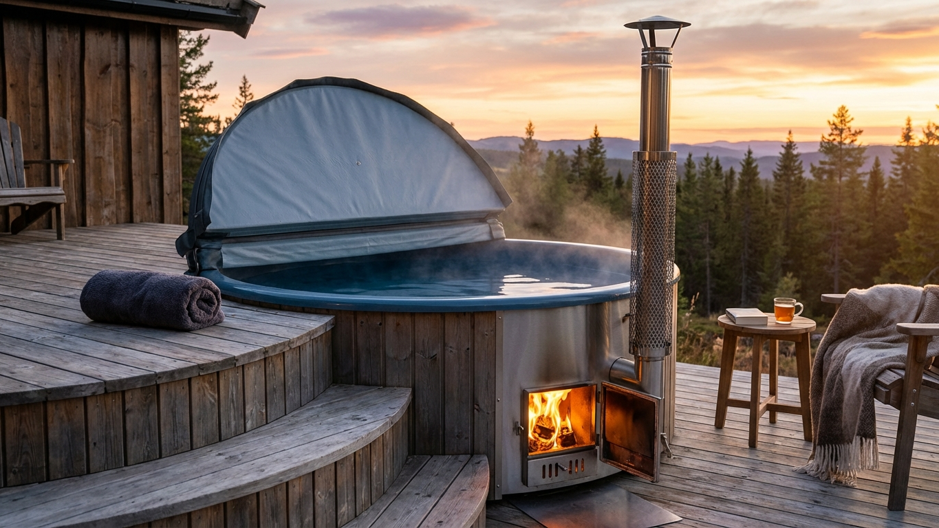 Na zdjęciu balia na tarasie podczas zachodu słońca.